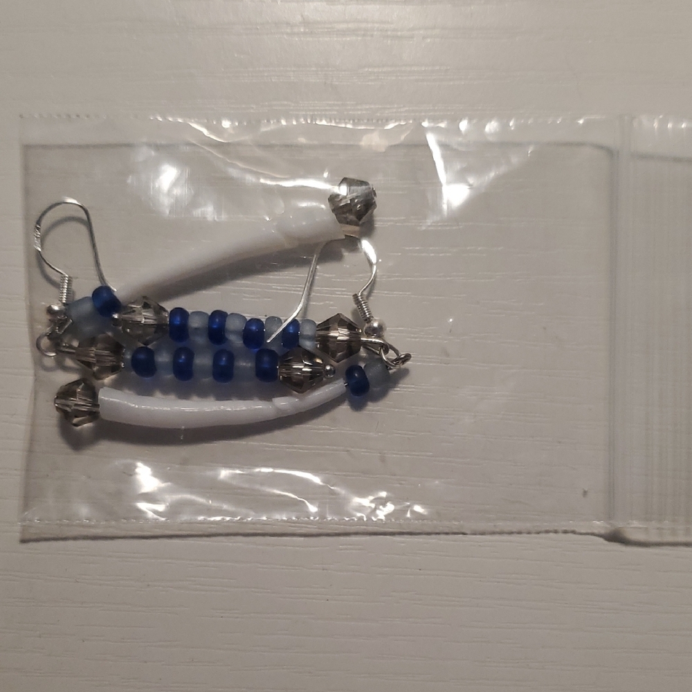 Handcrafted Blue and Silver Beaded Earrings